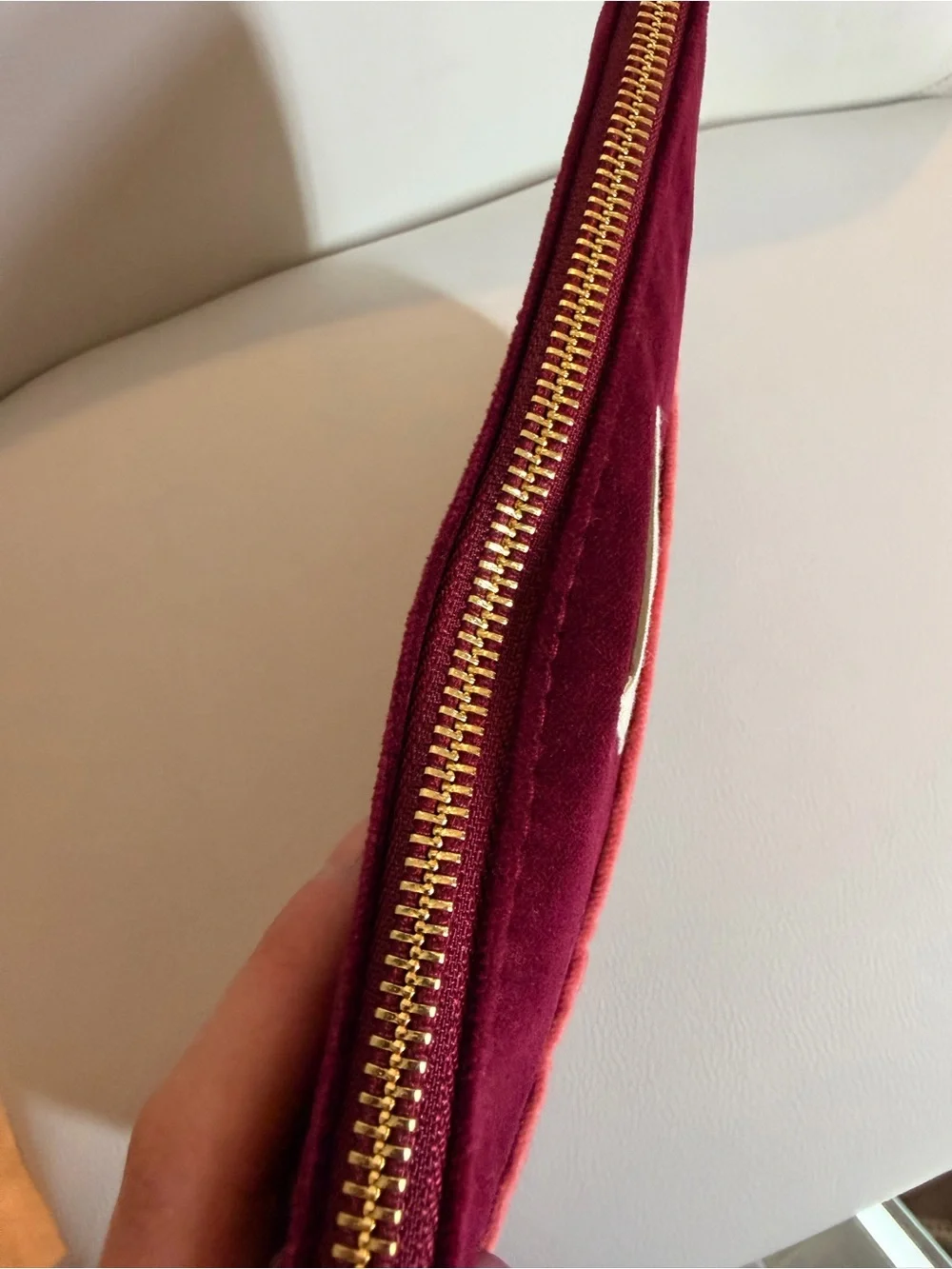 NWT Sézane Burgundy Cotton Velvet Zip Flat Pouch Makeup Bag with Pink Trim